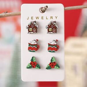 3 Pairs Of Retro Christmas Candy Houses Cups Mistletoe Earrings
